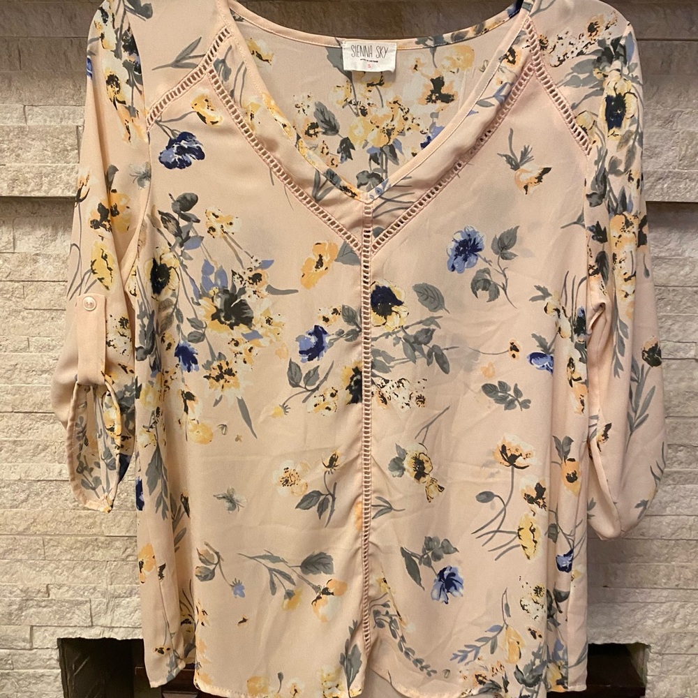Sienna Sky Floral Blouse - Light Pink With Blue Flowers. Size S
